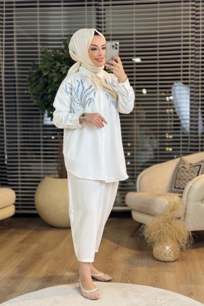 2293 Çift Renk Pul Detaylı Gömlek Ekru Mavi