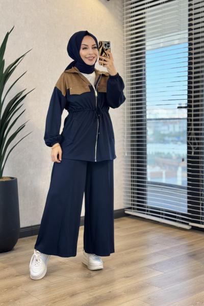 22942 Omuzları Süet Detaylı Takım Lacivert