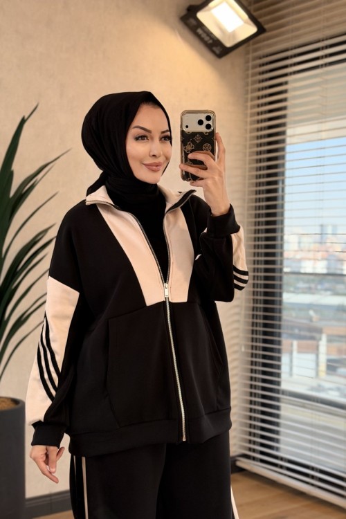 22953 Kolları Kadife Şerit Detaylı Takım Siyah