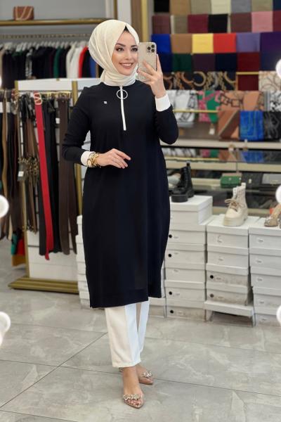 22KT411 Yaka Ve Kolu Ribanalı Tunik Siyah