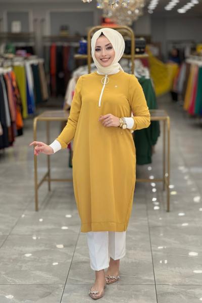 22KT411 Yaka Ve Kolu Ribanalı Tunik Hardal