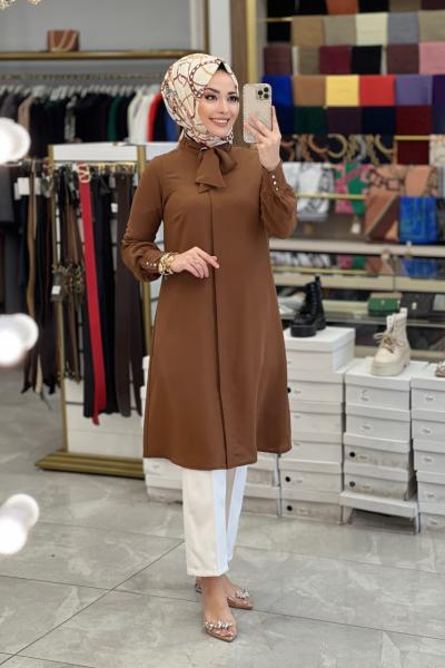 22KT468 Yakası Kuşgözü Ve Bağlamalı Tunik Kahve