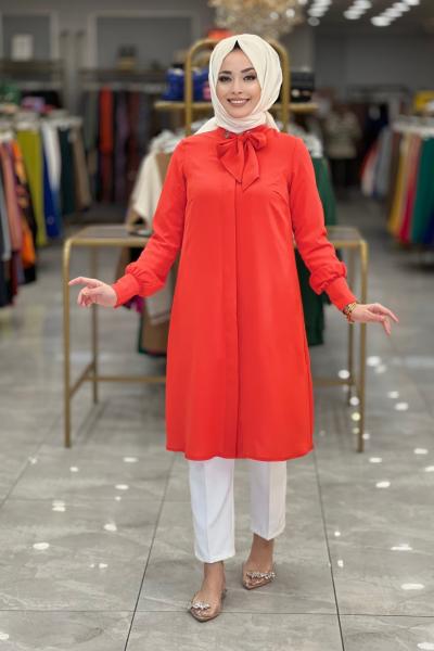 22KT468 Yakası Kuşgözü Ve Bağlamalı Tunik Mercan