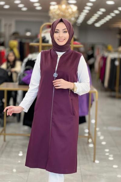 22KT527 Süet Uzun Yelek Mürdüm