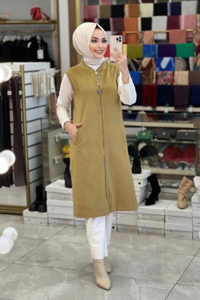 22KT527 Süet Uzun Yelek Yağ Yeşili