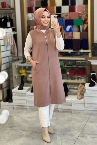 22KT527 Süet Uzun Yelek Vizon