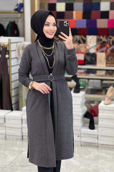 22KT615 Yırtmaçları İncili 2li Takım Antrasit