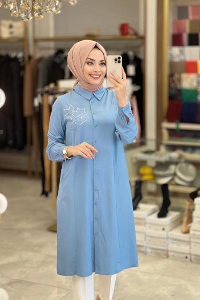 22YT437 Tencel Sol Omuzu Taş İşlemeli Tunik Mavi