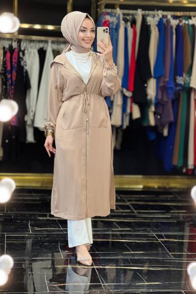 22YT722 Kapşonlu Önü Fermuarlı Tunik Vizon