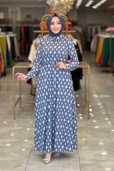 22YT945 Bebe Yaka Desenli Elbise İndigo