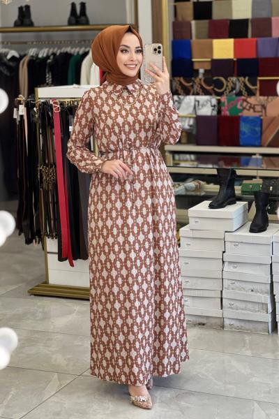 22YT945 Bebe Yaka Desenli Elbise Kahve