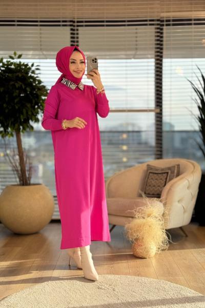 230 Zebra Yaka Triko Elbise Fuşya