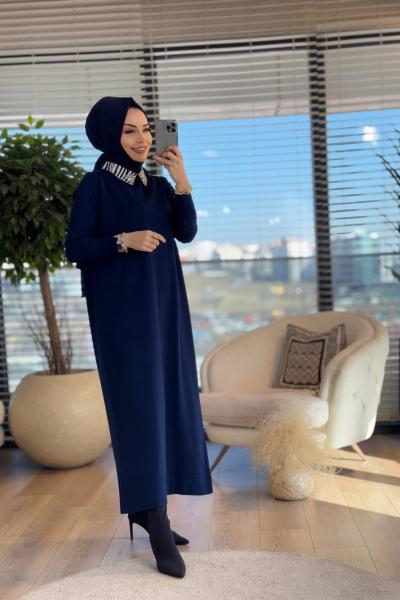 230 Zebra Yaka Triko Elbise Lacivert