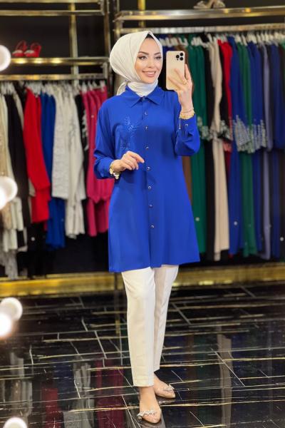 23004 Sol Göğüs Dal Nakışlı Tunik Saks