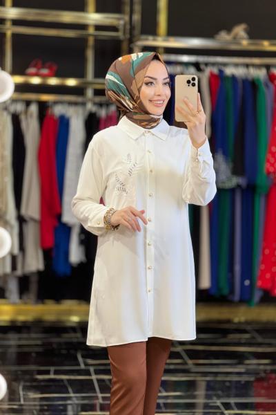 23004 Sol Göğüs Dal Nakışlı Tunik Ekru