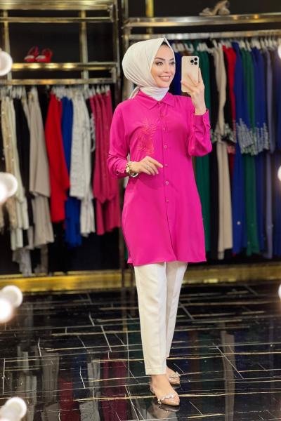 23004 Sol Göğüs Dal Nakışlı Tunik Fuşya