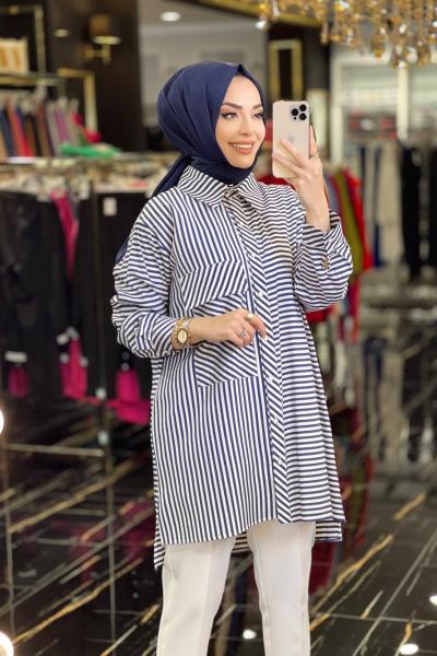 23006 Çizgili Büyük Cepli  Tunik Lacivert