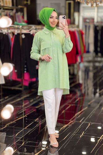 23006 Çizgili Büyük Cepli  Tunik Yeşil