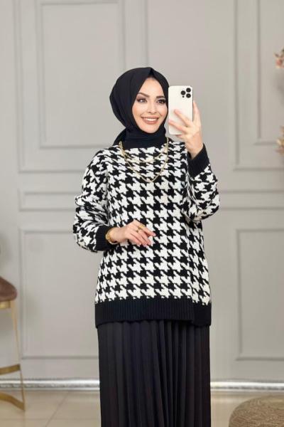 23015 Kazayağı Desen Triko Tunik Siyah