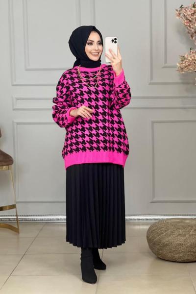 23015 Kazayağı Desen Triko Tunik Fuşya