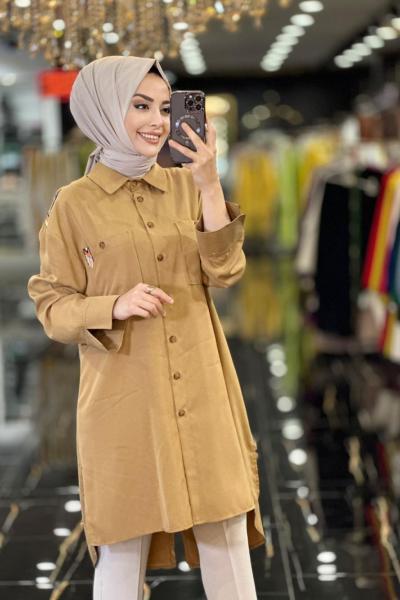 23015 Omuzları Renkli Boncuk Şeritli Tunik Camel
