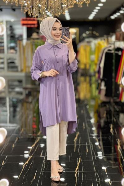 23015 Omuzları Renkli Boncuk Şeritli Tunik Lila