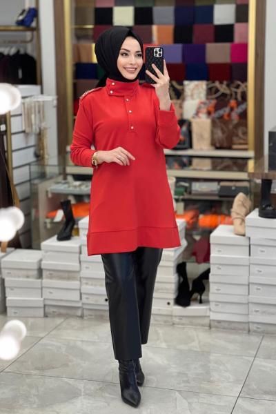 23016 Omuz Apoletleri Taş İşlemeli Tunik Mercan