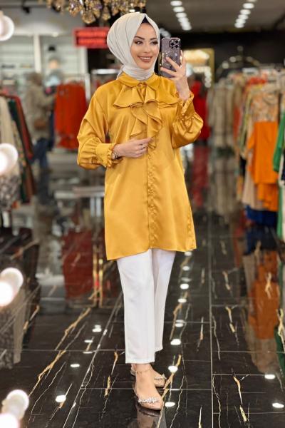 23062 Saten Yakası Fırfırlı Tunik Hardal