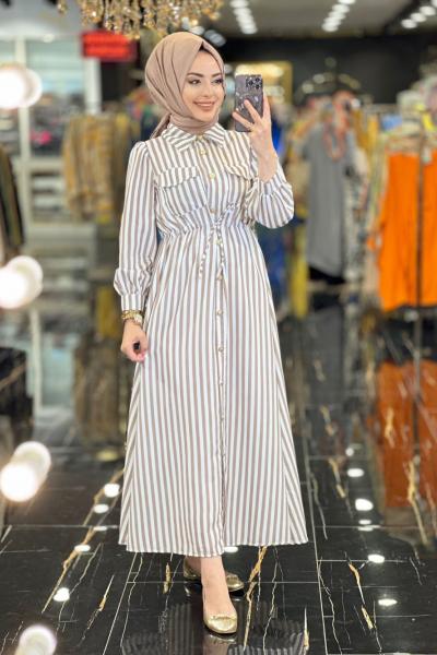 23066 Boyuna Çizgili Beli Bağcıklı Elbise Bej