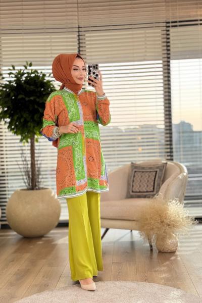 23072 Pano Desen Fermuarlı Hırka Yeşil