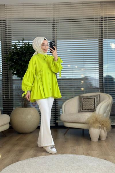 2311 Kol Bağlamalı Bel Büzgülü Gömlek Yağ Yeşili