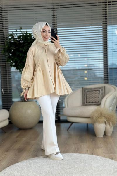 2311 Kol Bağlamalı Bel Büzgülü Gömlek Bej