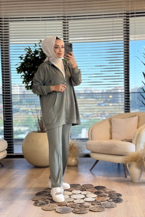 2319 Kapşonlu Önü Fermuarlı Takım Haki