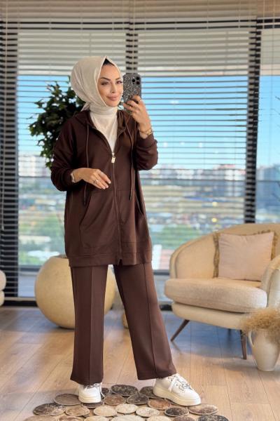 2319 Kapşonlu Önü Fermuarlı Takım Kahve