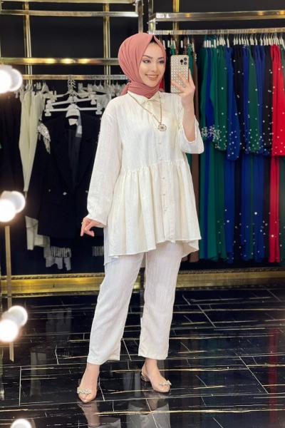 23402 Gofre Önü Düğmeli Takım Bej