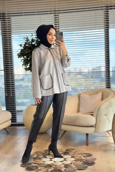 2342 Üst Triko Hırka Fermuarlı Deri Pantolon Takım Gri