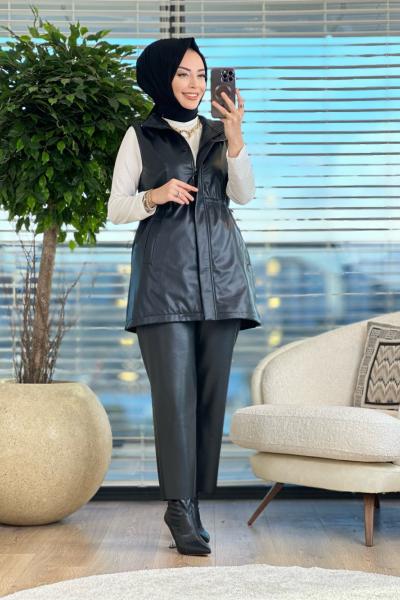 23508 Deri Beli Büzgülü Yelek Siyah