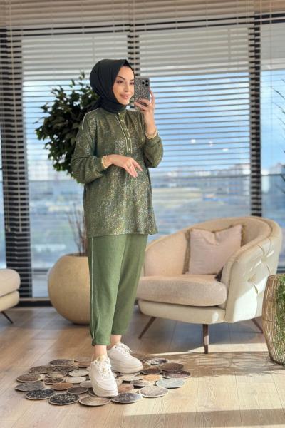 2356 Üst Varak Baskılı Triko Pantolon Takım Haki