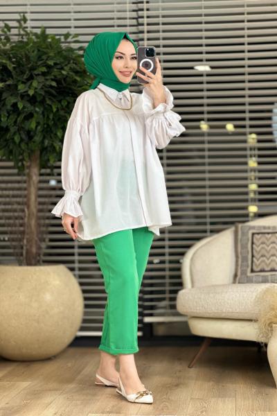 2358 Kolu Büzgülü Gömlek Beyaz