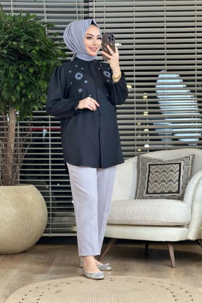 2362 Çiçek Nakışlı Hakim Yaka Gömlek Siyah