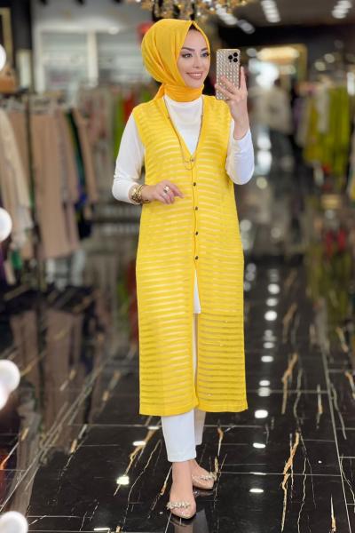 2380 Triko File Uzun Yelek Sarı