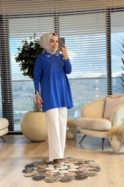 239 Yakası Pırlanta Taşlı Triko Tunik Saks