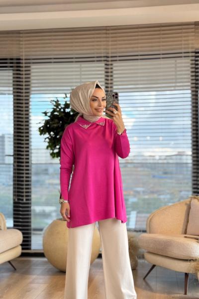 239 Yakası Pırlanta Taşlı Triko Tunik Fuşya