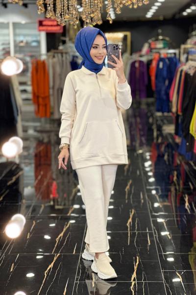 2396 Cep Üstü Taşlı Patı Fermuarlı İki İplik Takım Bej