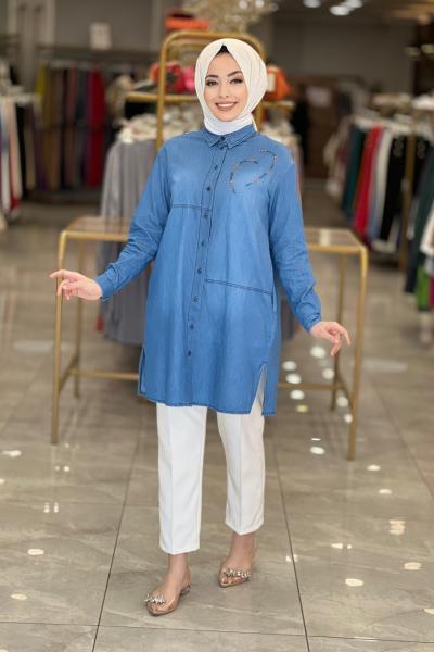 23YT406 Tencel Önü Boncuk İşli Gömlek Lacivert