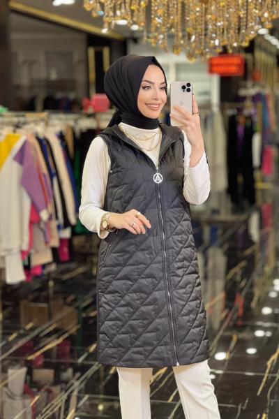 23YT521 Ön Zikzak Desen Kapşonlu Yelek Siyah