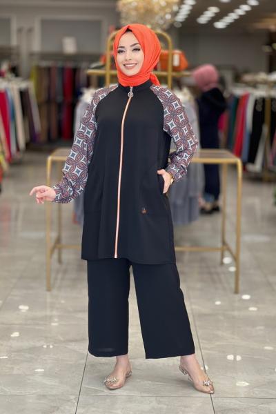 23YT606 Kolları Desenli Önü Fermuarlı Takım Siyah