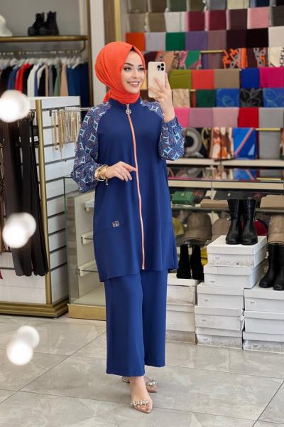 23YT606 Kolları Desenli Önü Fermuarlı Takım İndigo