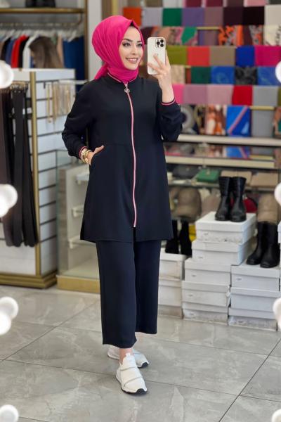 23YT608 Yaka Kol Ribana Ön Fermuarlı Takım Siyah