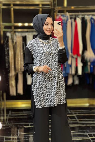 23YT614 Ön Desenli Kolları Düz Takım Siyah